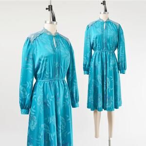 Vintage 70s Teal Blue Floral Sheer Lace Keyhole Neckline Midi Dress S M